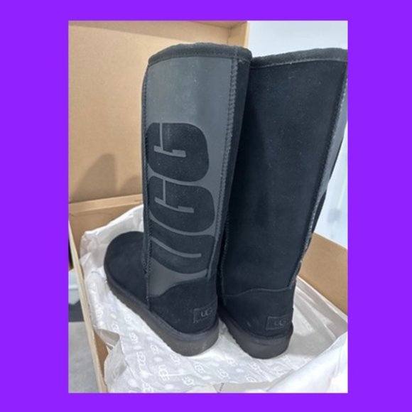 NEW IN BOX - Classic Tall UGG Rubber Boots in Black with large Logo - Size 9 - Picture 2 of 7